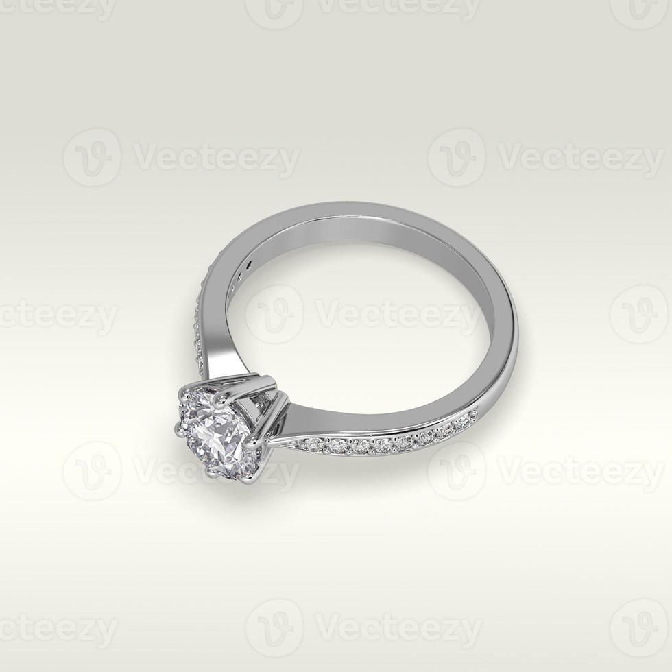 solitaire engagement ring laying down position in white gold 3D render photo