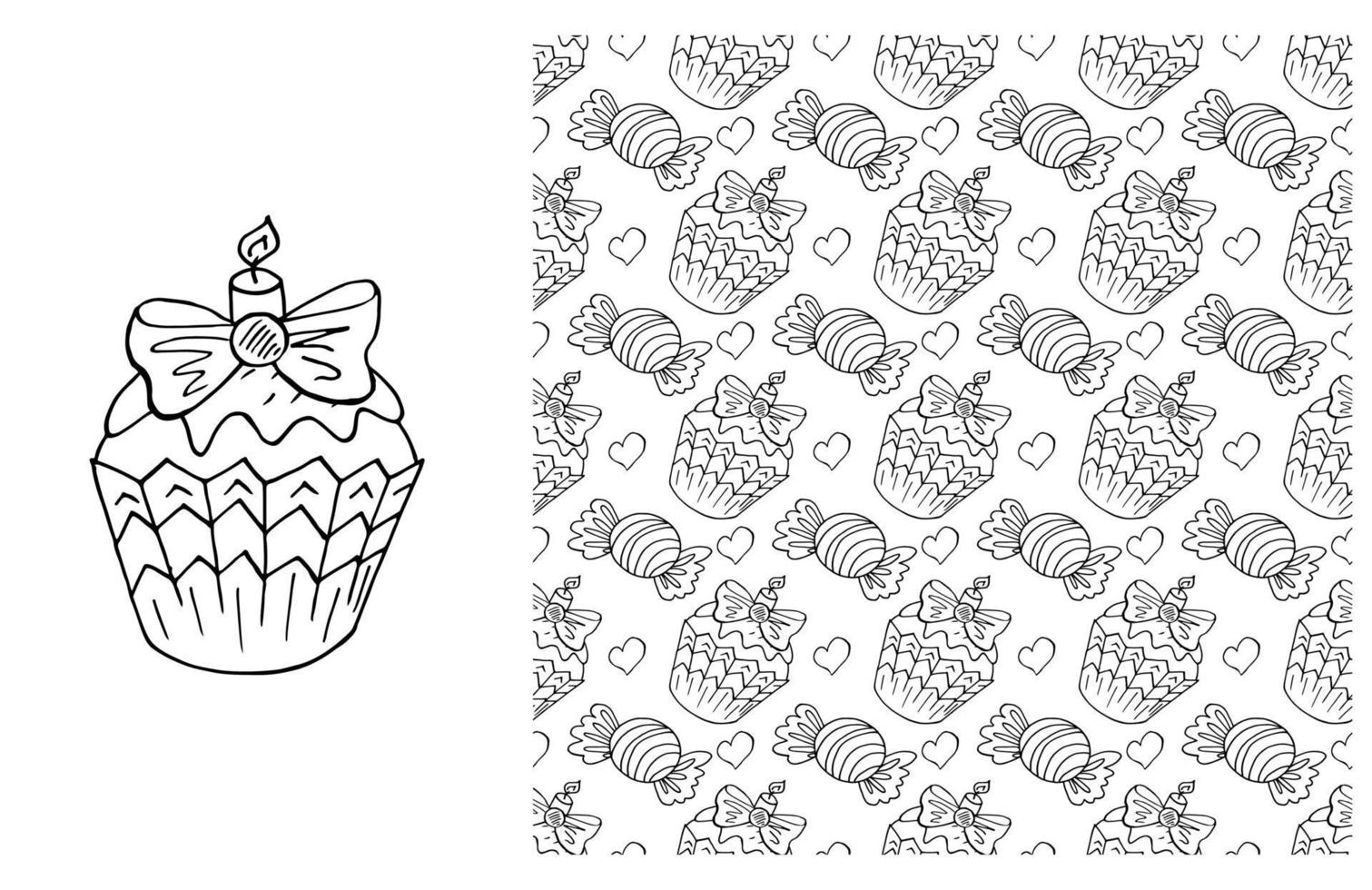 Coloring Cupcake. Set of element and seamless pattern vector