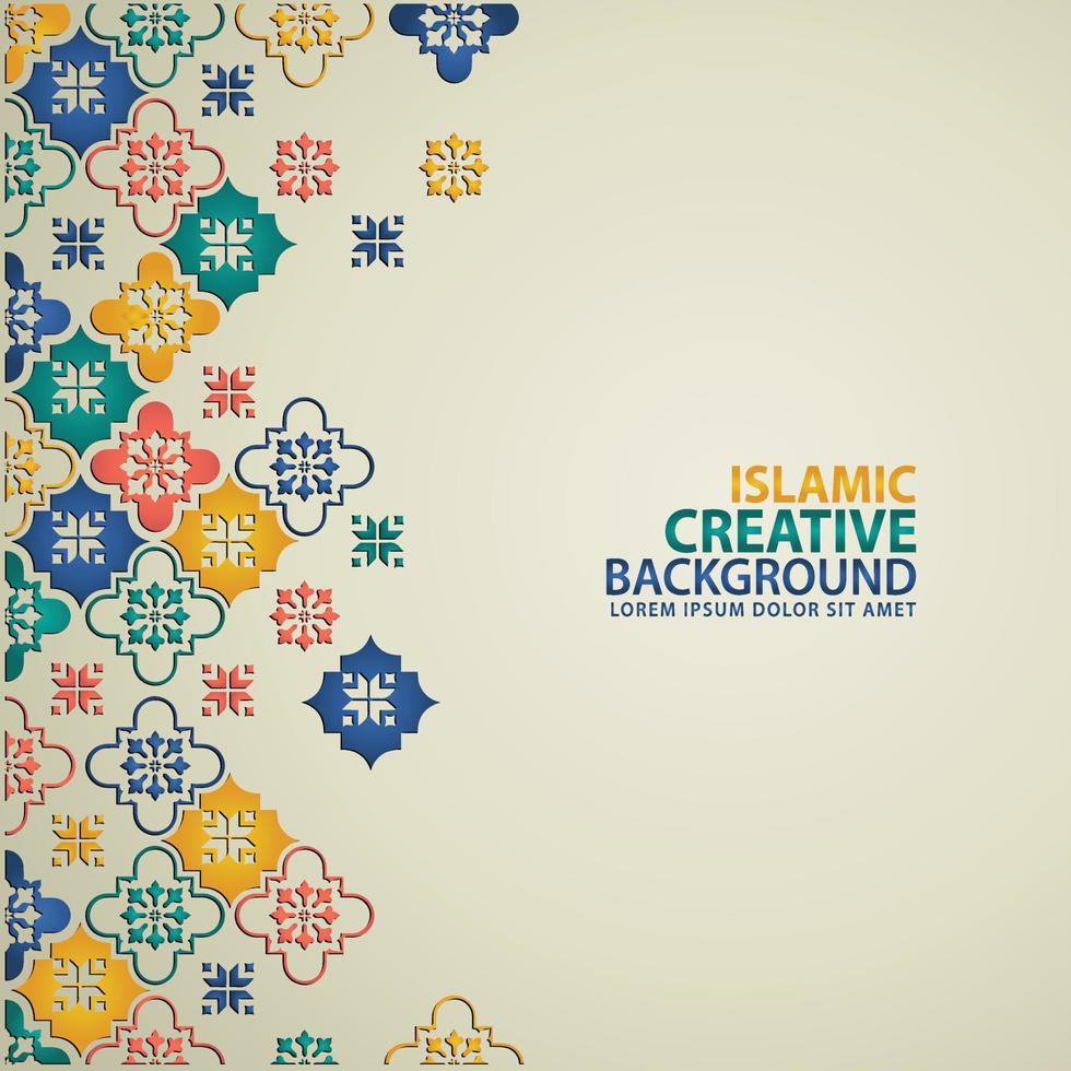 Islamic design greeting card background template with ornamental colorful detail of floral mosaic islamic art ornament vector