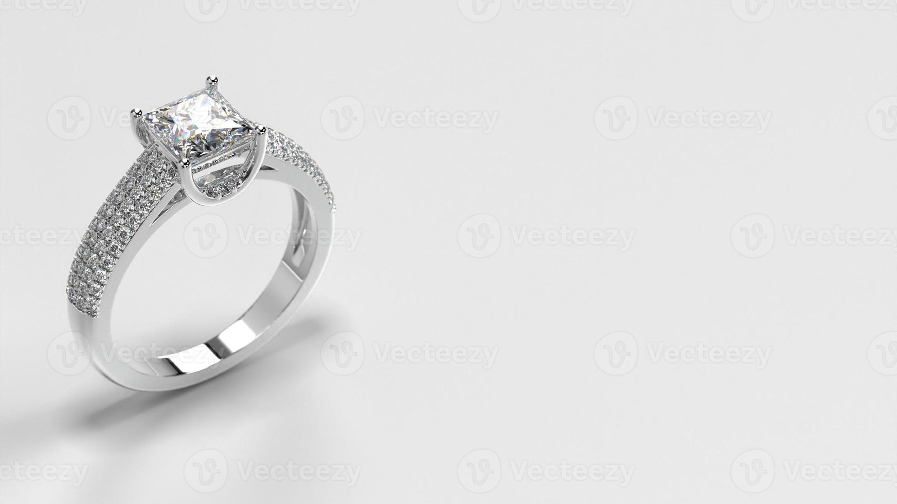princess white gold engagement ring with side three layer stones on shank standing position view one photo