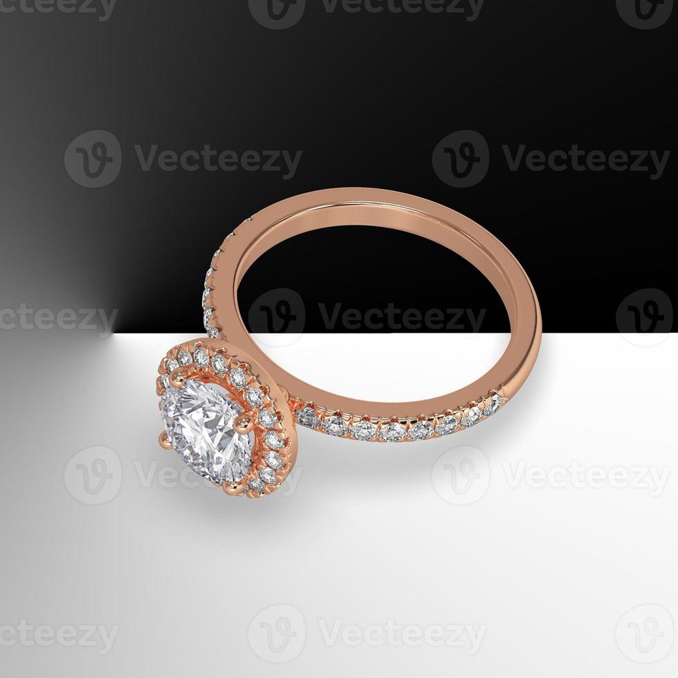 rose gold halo engagement ring with round center stone and side stones on shank 3d render photo