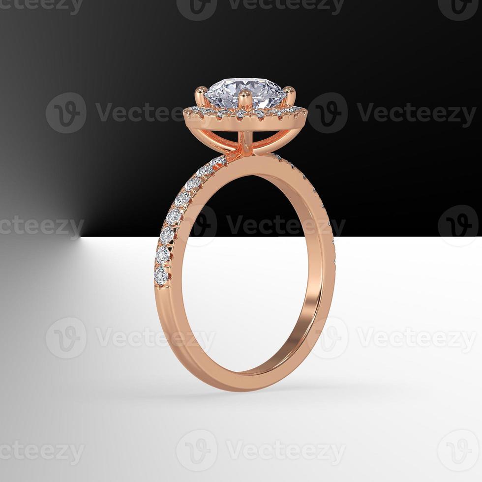 rose gold halo engagement ring with round center stone and side stones on shank 3d render photo
