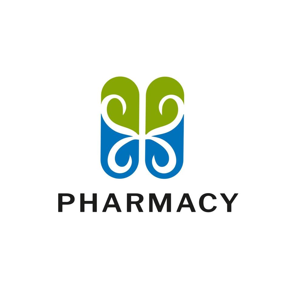 Pharmacy vector logo symbol for pharmacist, pharmacy shop, doctor and medicine. 2 capsules pill tablets