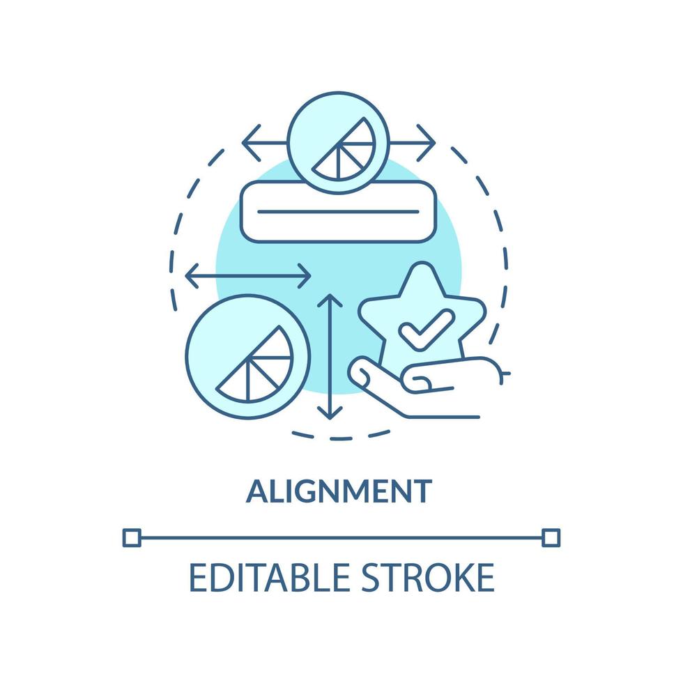 Alignment turquoise concept icon. Objects arrangement. Graphic design principles abstract idea thin line illustration. Isolated outline drawing. Editable stroke. Arial, Myriad Pro-Bold fonts used vector