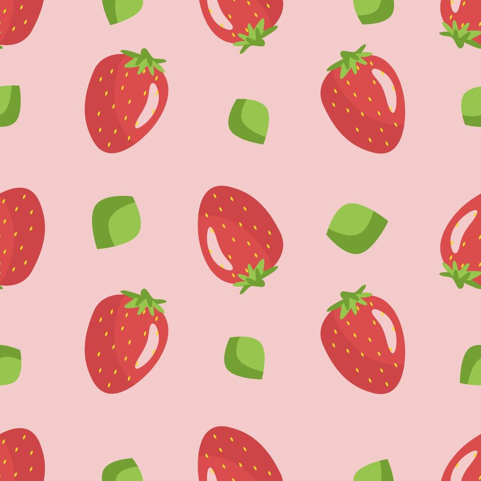 Seamless pattern with large strawberries and green leaves. Botanical vector illustration on a pink background for printing on clothing, textiles, paper, fabric, packaging.