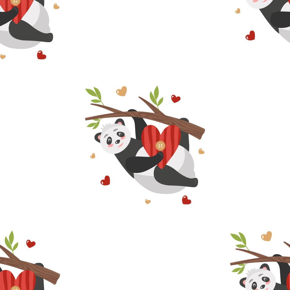 Seamless pattern with panda on a tree and hearts. Vector background in cartoon style for festive design on February 14, Valentine's day, printing on paper, fabric, packaging.