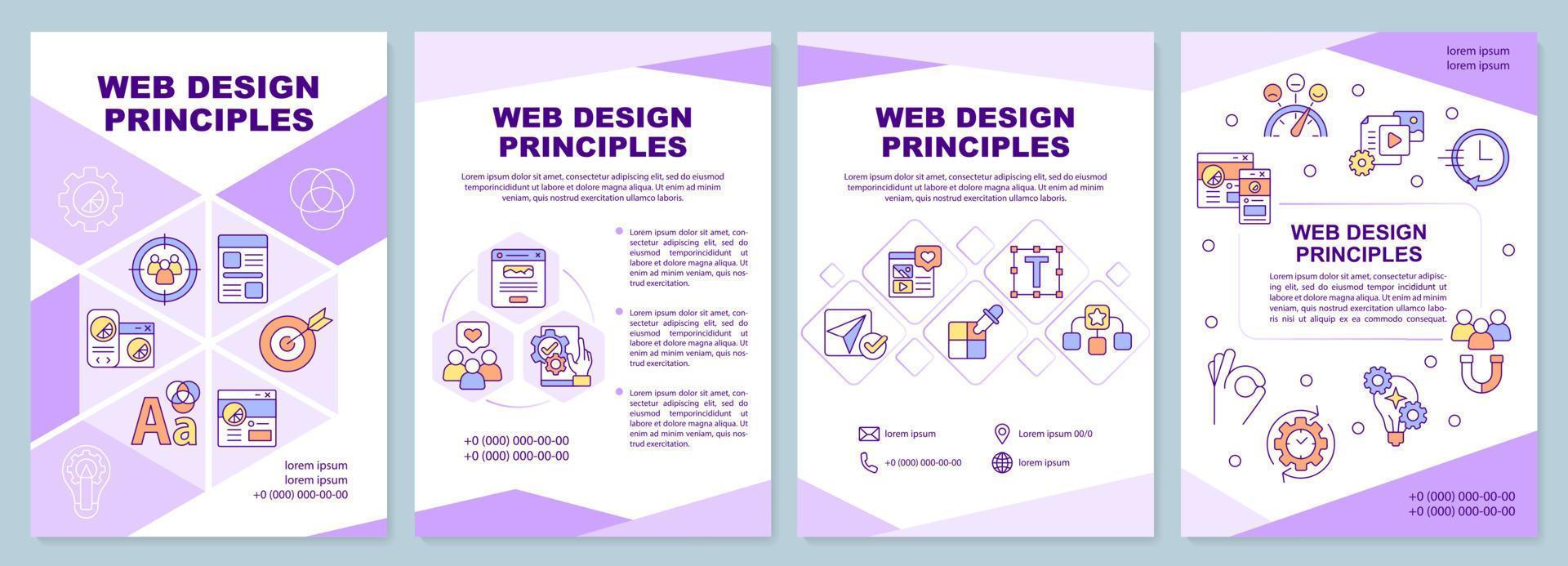 Web design principles purple brochure template. Art work. Leaflet design with linear icons. 4 vector layouts for presentation, annual reports. Arial-Black, Myriad Pro-Regular fonts used