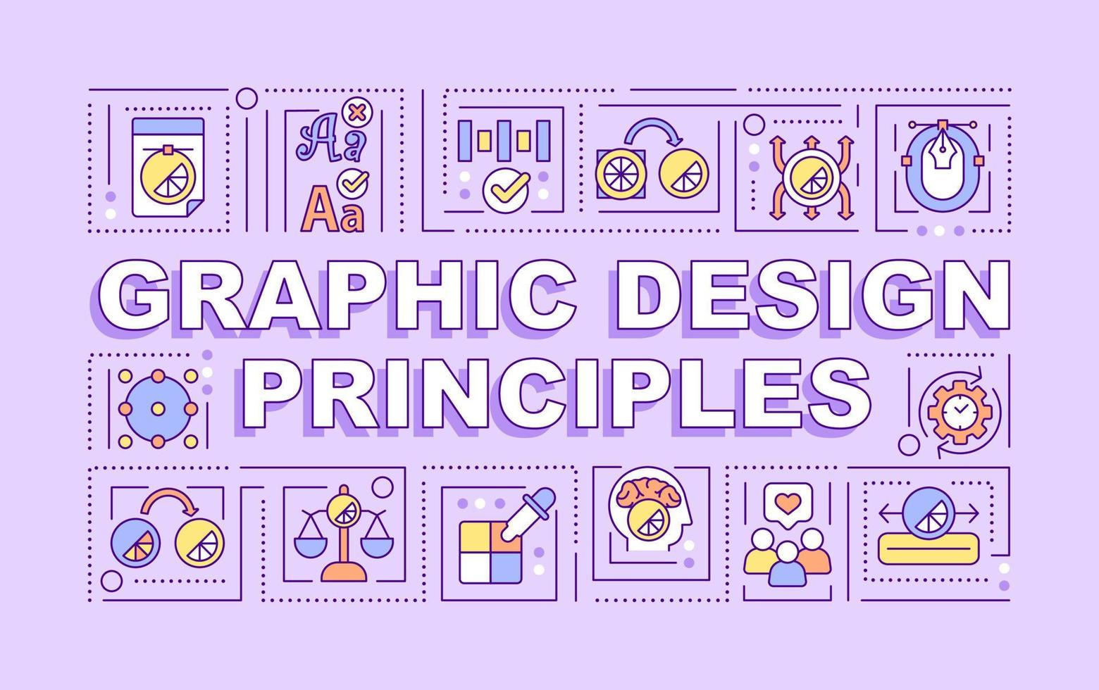 Graphic design principles word concepts purple banner. Visual content. Infographics with icons on color background. Isolated typography. Vector illustration with text. Arial-Black font used