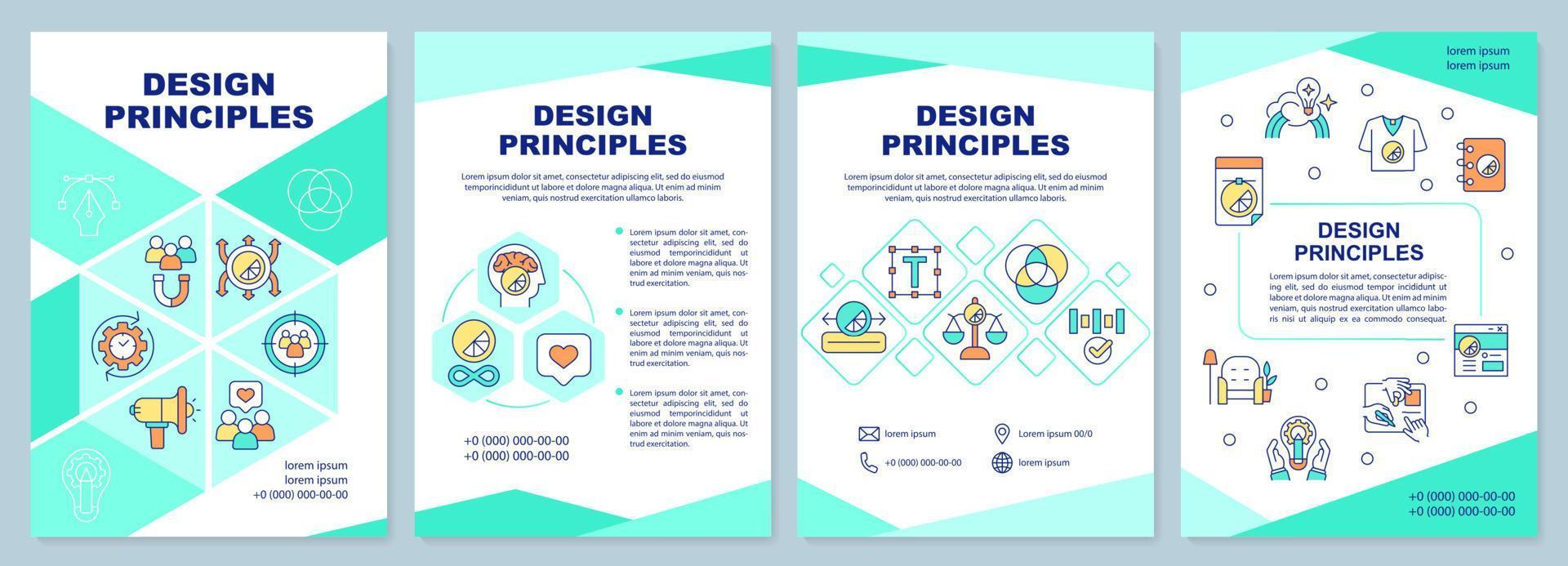 Design principles mint brochure template. Business style. Leaflet design with linear icons. 4 vector layouts for presentation, annual reports. Arial-Black, Myriad Pro-Regular fonts used