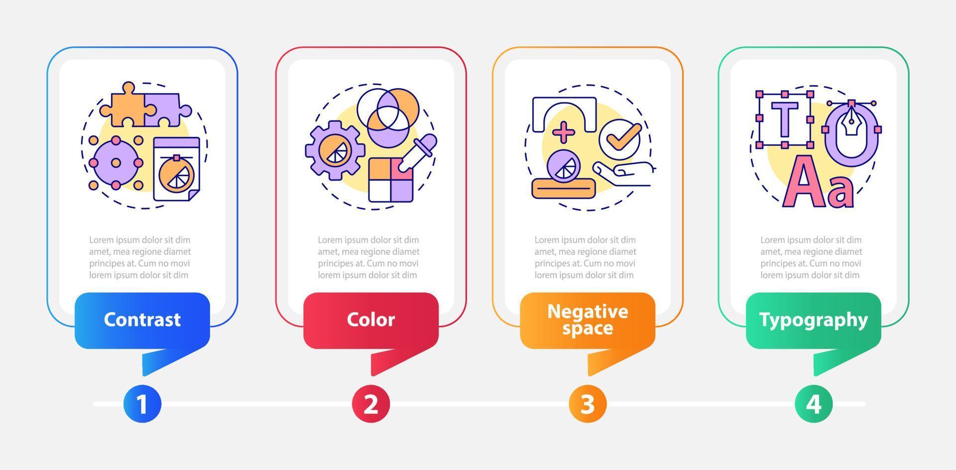 principios de la plantilla de infografía de rectángulo de diseño gráfico. visualización de datos con 4 pasos. gráfico de información de la línea de tiempo del proceso. diseño de flujo de trabajo con iconos de línea. innumerables fuentes pro-negrita y regulares utilizadas vector