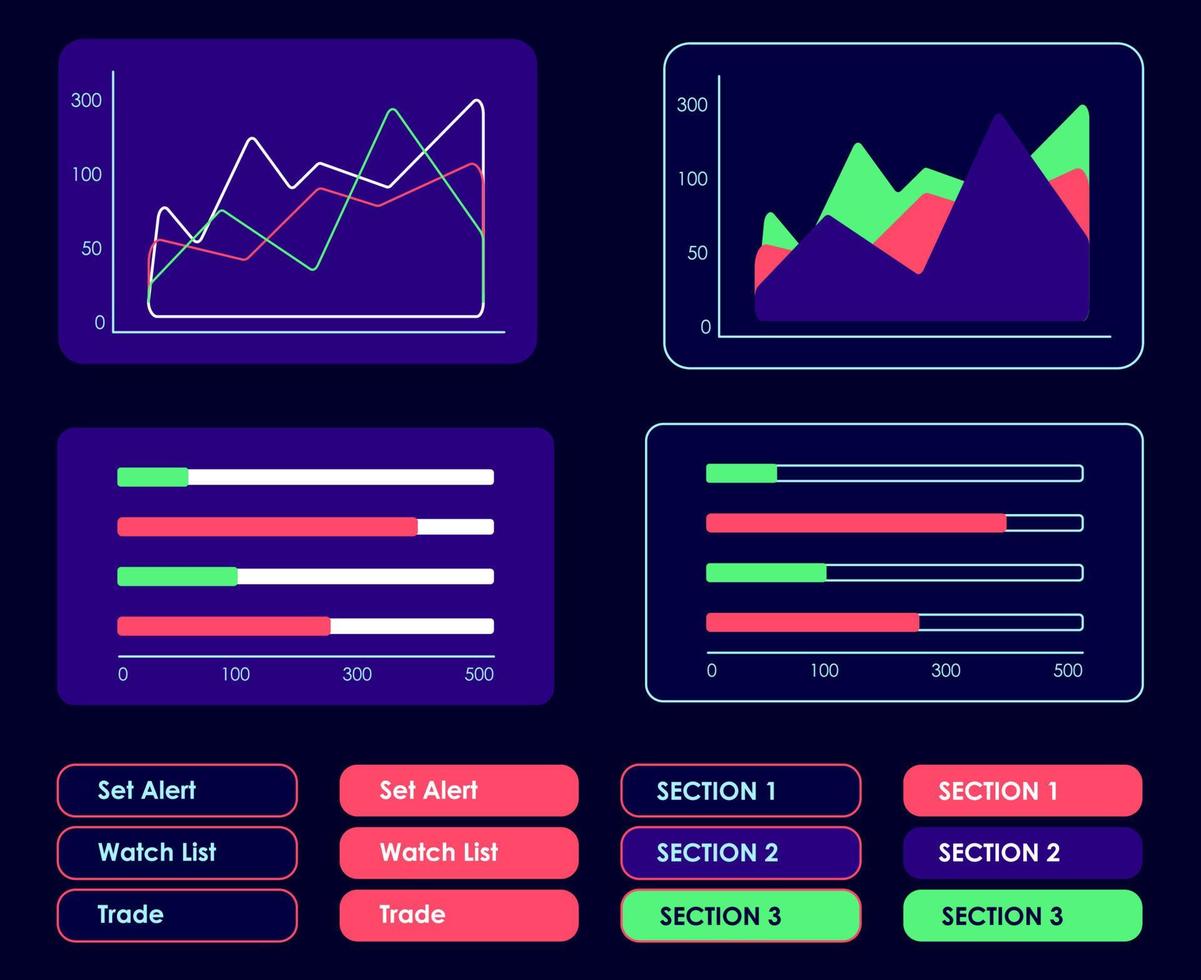 Commerce infographics UI elements kit. Business isolated vector dashboard components. Flat interface buttons template. Web design widget collection for mobile application with dark theme