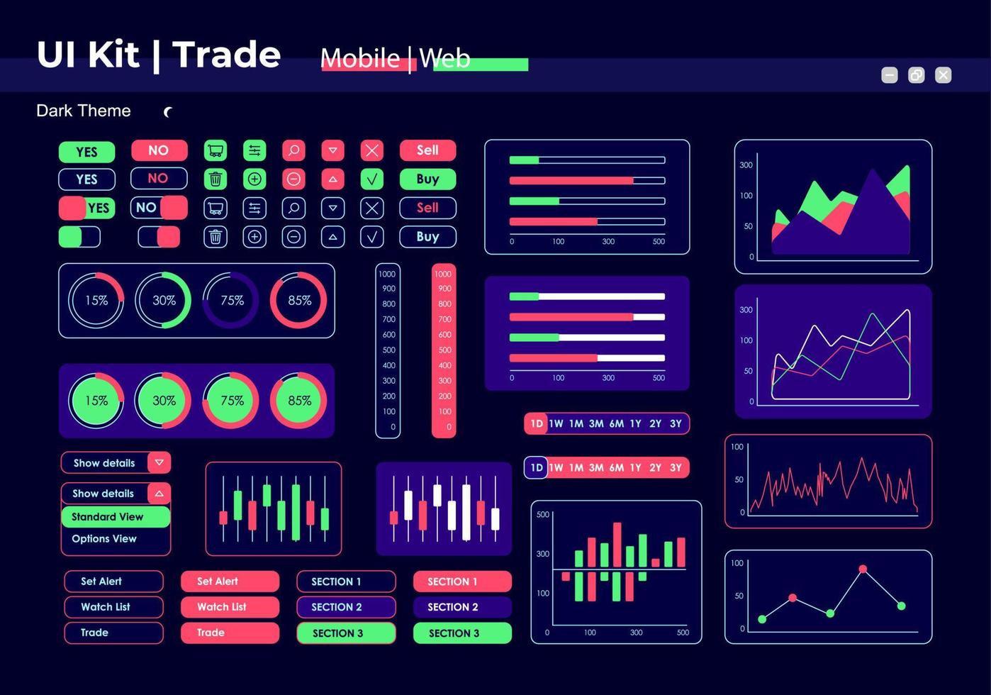 kit de elementos de la interfaz de usuario de insights de rendimiento de ventas. componentes de panel de control de vector aislado de comercio. plantilla de botones de interfaz plana. colección de widgets de diseño web para aplicaciones móviles con tema oscuro