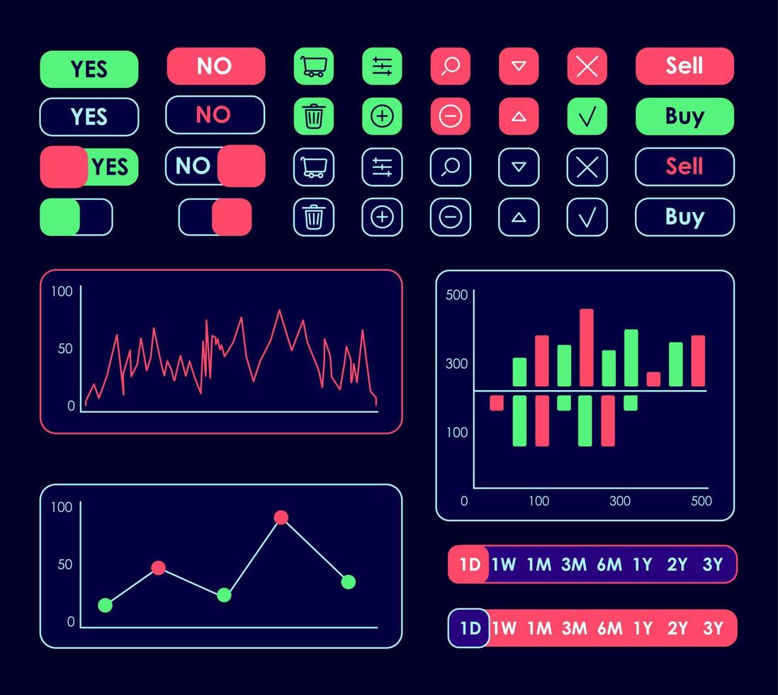 Buying and selling UI elements kit. Business statistics isolated vector dashboard components. Flat interface buttons template. Web design widget collection for mobile application with dark theme