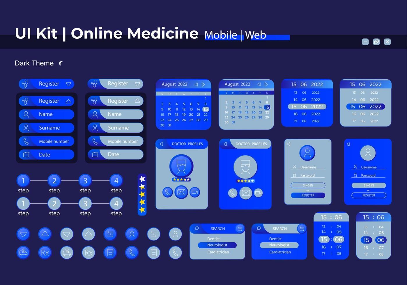 kit de elementos de interfaz de usuario de servicios de telesalud. componentes vectoriales aislados. menús de navegación planos y plantilla de botones de interfaz. colección de widgets de diseño web para aplicaciones móviles con tema oscuro vector