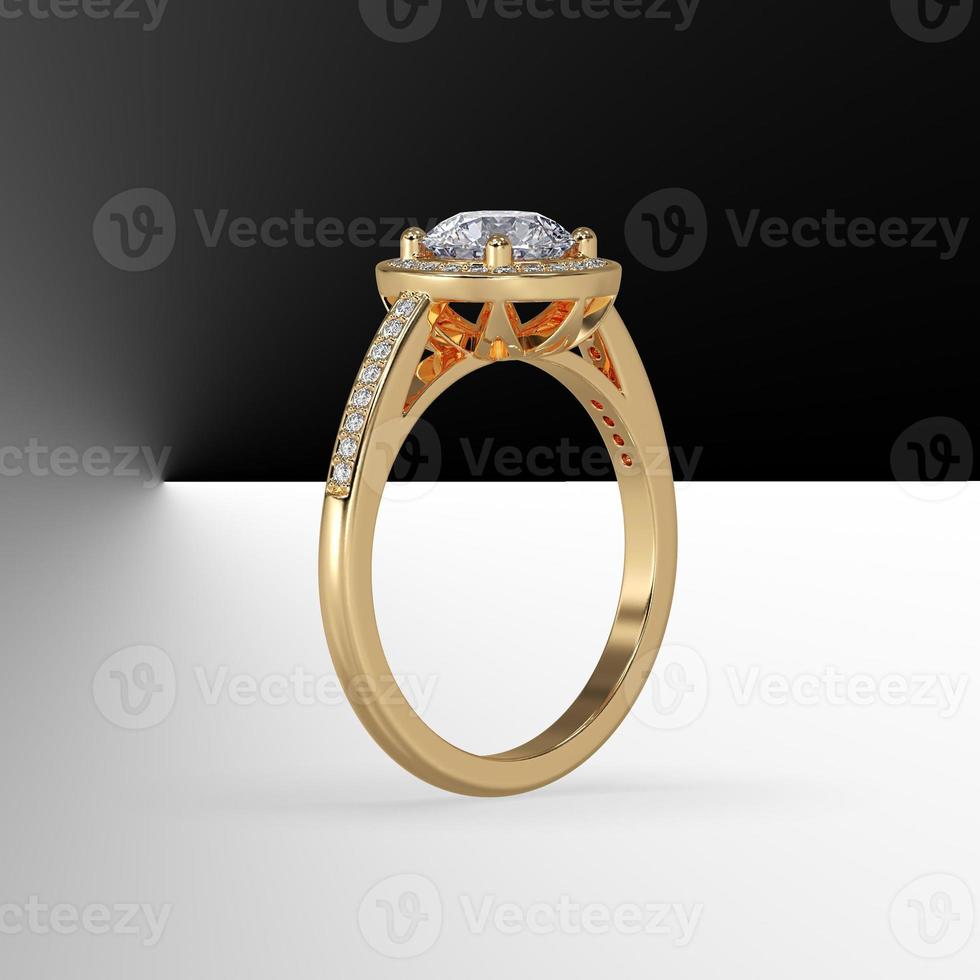 round diamond pave set halo with side pave set gems cathedral shank in yellow gold 3d render photo