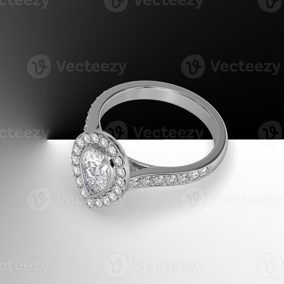 pear diamond bezel set cathedral style with side stones in white gold 3d render photo