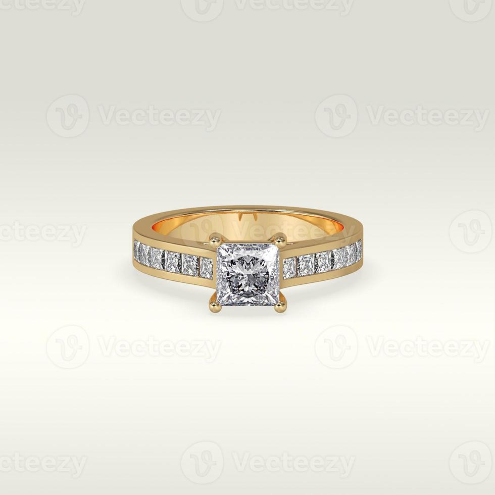 solitaire engagement ring laying down position in yellow gold 3D render photo