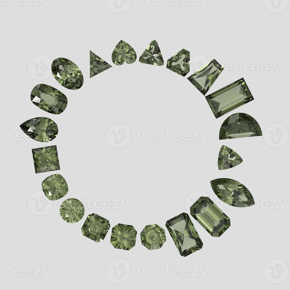 piedra de color actinolita en todas las formas de gemas 3d render foto