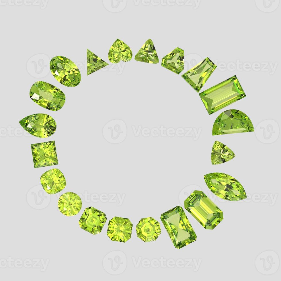 peridot color stone in all gem shapes 3D render photo