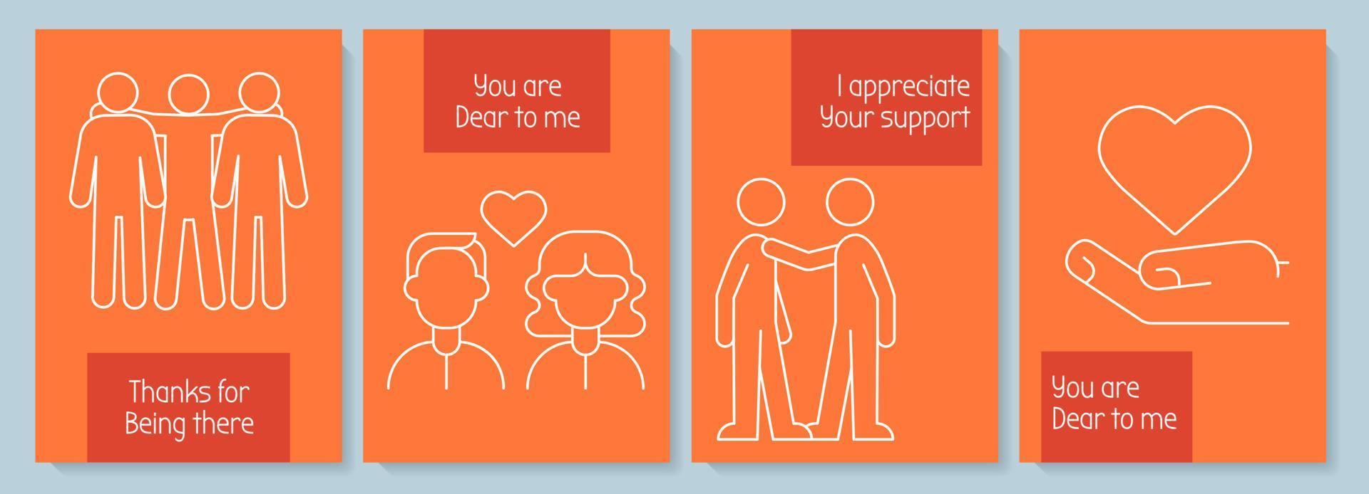 Appreciation and gratitude postcards with linear glyph icon set. Greeting card with decorative vector design. Simple style poster with creative lineart illustration. Flyer with holiday wish