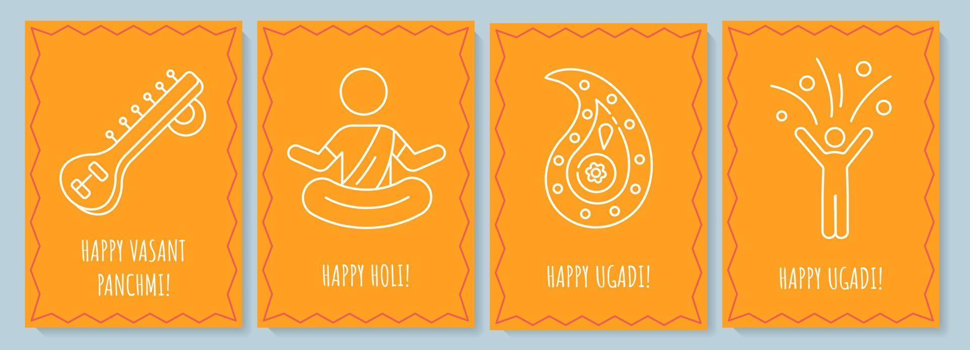 Celebrating indian holidays postcards with linear glyph icon set. Greeting card with decorative vector design. Simple style poster with creative lineart illustration. Flyer with holiday wish