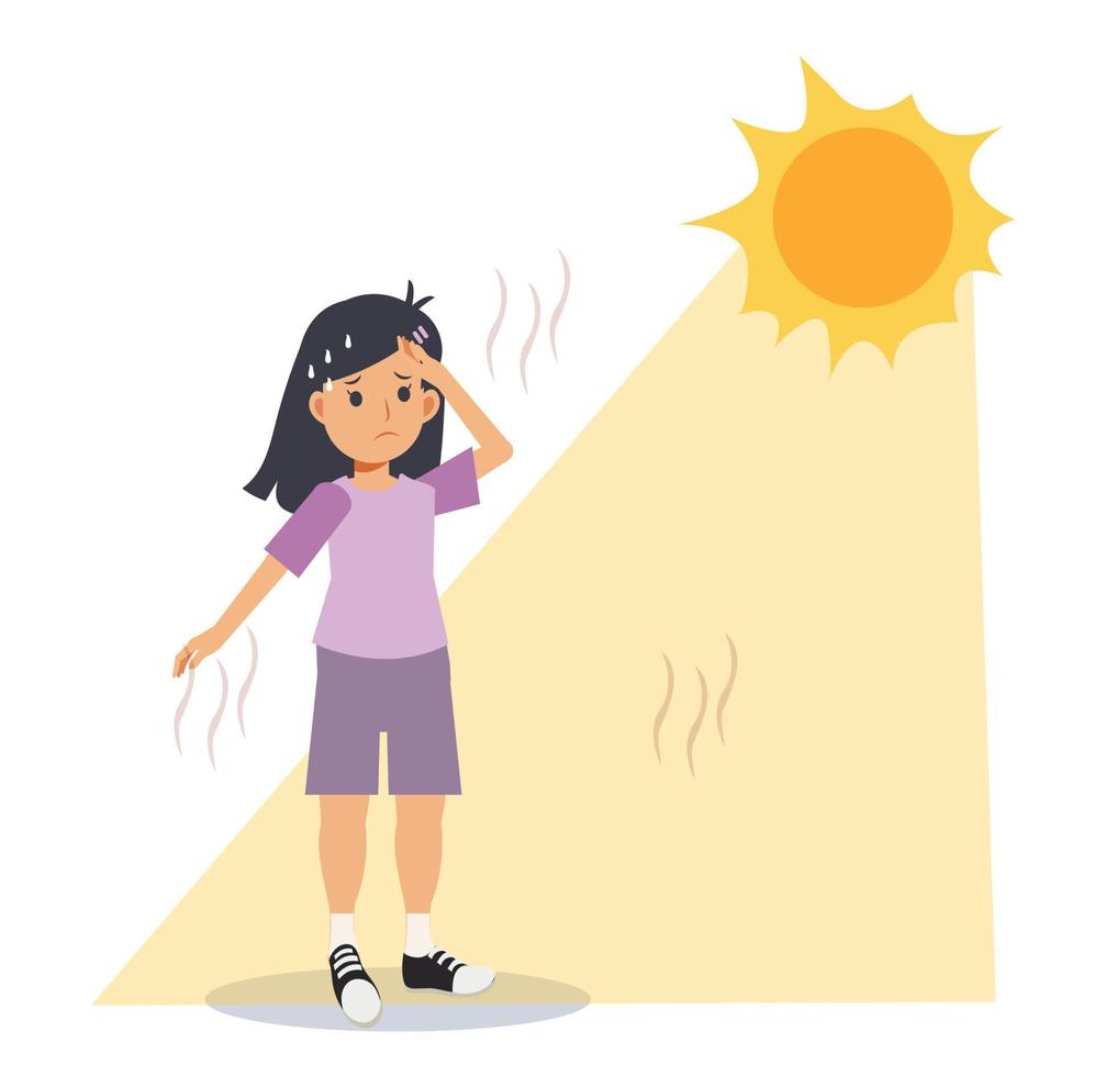 concepto de golpe de calor. riesgo de insolación y quemaduras solares niña bajo el sol ardiente. alta temperatura, clima cálido. verano vector