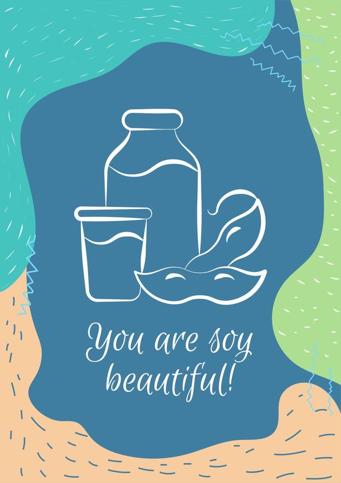 Soy beautiful postcard with linear glyph icon. Go vegan. Greeting card with decorative vector design. Simple style poster with creative lineart illustration. Flyer with holiday wish