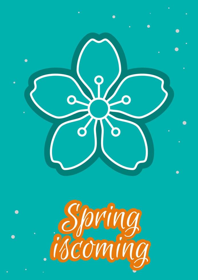 Springtime is coming postcard with linear glyph icon. Seasonal regrowth. Greeting card with decorative vector design. Simple style poster with creative lineart illustration. Flyer with holiday wish