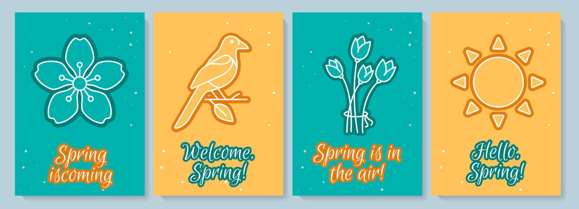 Spring season postcard with linear glyph icon set. Seasonal rebirth. Greeting card with decorative vector design. Simple style poster with creative lineart illustration. Flyer with holiday wish