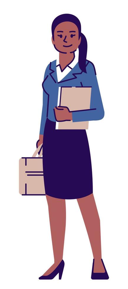 Ilustración de vector de color rgb semi plano de abogado. mujer de negocios en traje sosteniendo documentos personaje de dibujos animados aislado sobre fondo blanco