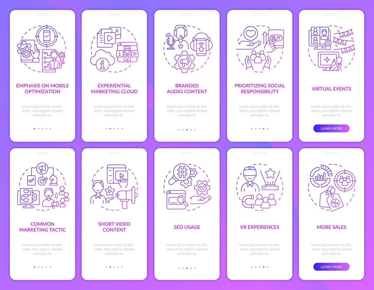Marketing trends purple gradient onboarding mobile app screen set. Ads walkthrough 5 steps graphic instructions pages with linear concepts. UI, UX, GUI template. Myriad Pro-Bold, Regular fonts used vector