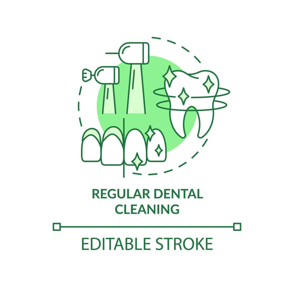 Regular dental cleaning green concept icon. Removing plaque and food debris abstract idea thin line illustration. Isolated outline drawing. Editable stroke. Arial, Myriad Pro-Bold fonts used vector