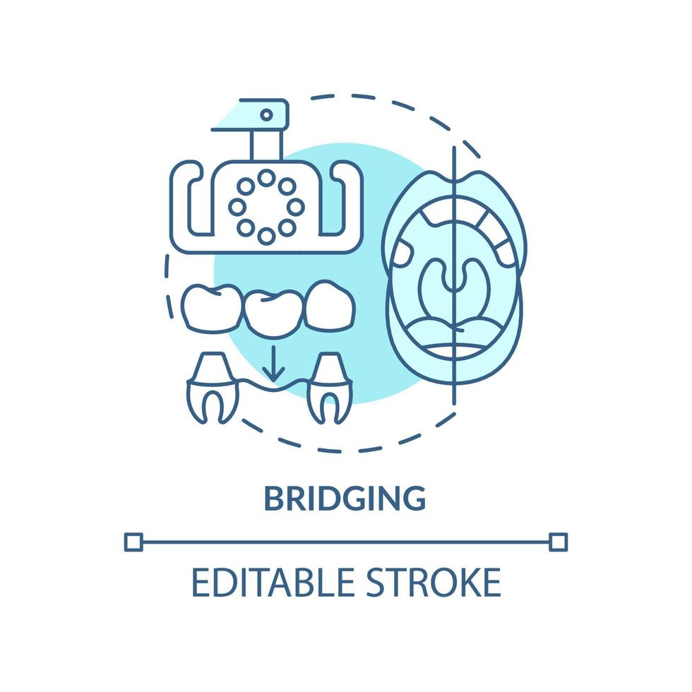 Bridging turquoise concept icon. Aesthetic dentistry procedure abstract idea thin line illustration. Restorative treatment. Isolated outline drawing. Editable stroke. Arial, Myriad Pro-Bold fonts used vector