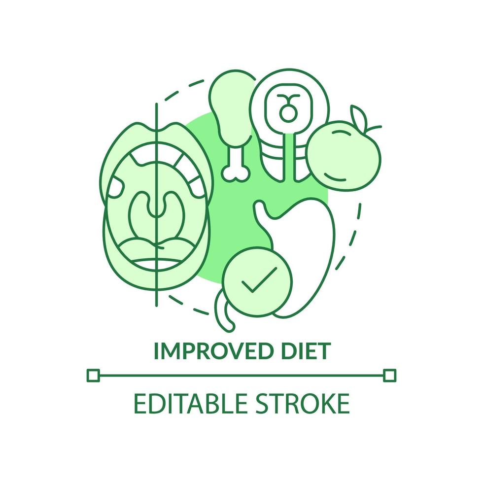 icono de concepto verde de dieta mejorada. Ilustración de línea delgada de idea abstracta de beneficio de mejora dental. nutrición saludable. dibujo de contorno aislado. trazo editable. arial, innumerables fuentes pro-bold utilizadas vector