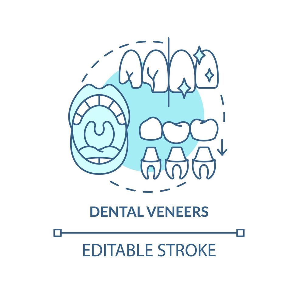 Dental veneers turquoise concept icon. Aesthetic dentistry abstract idea thin line illustration. Dental issues correction. Isolated outline drawing. Editable stroke. Arial, Myriad Pro-Bold fonts used vector