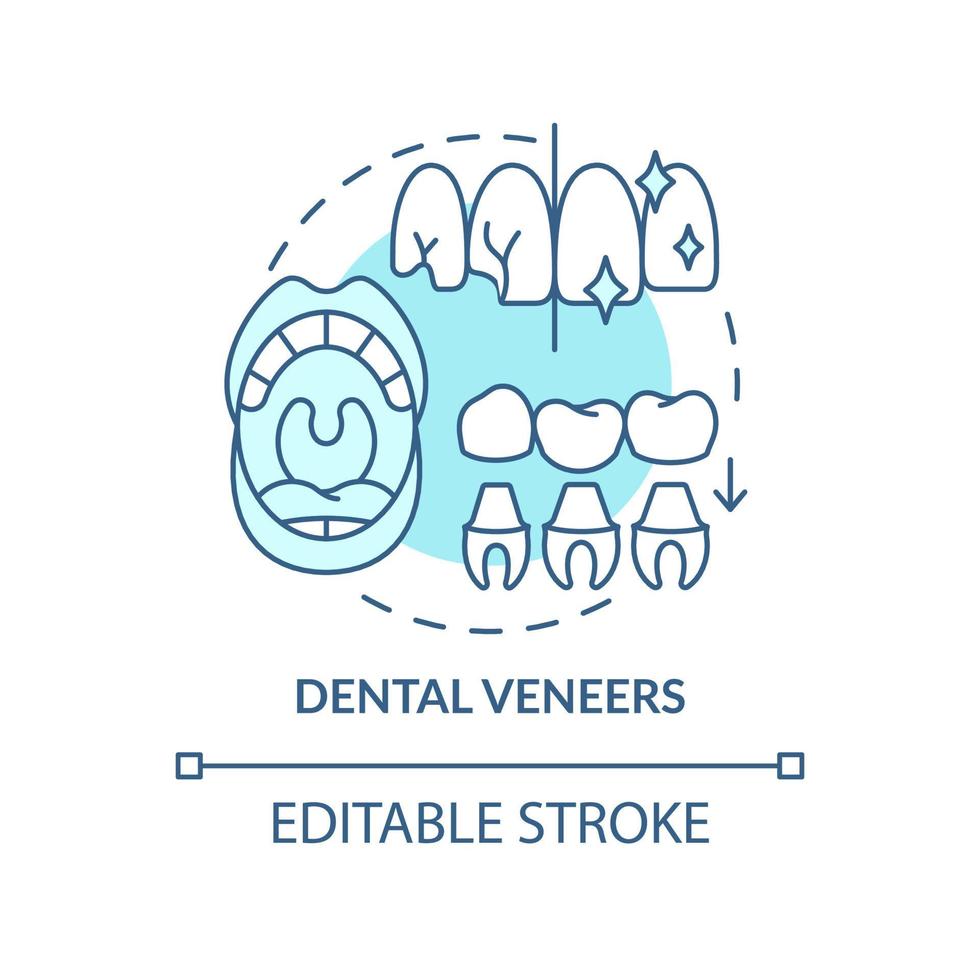 icono de concepto turquesa de carillas dentales. odontología estética idea abstracta ilustración de línea delgada. corrección de problemas dentales. dibujo de contorno aislado. trazo editable. arial, innumerables fuentes pro-bold utilizadas vector