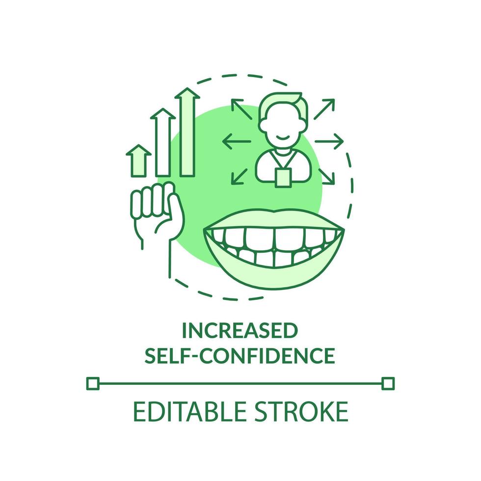 Increased self confidence green concept icon. Satisfaction with dental appearance abstract idea thin line illustration. Isolated outline drawing. Editable stroke. Arial, Myriad Pro-Bold fonts used vector