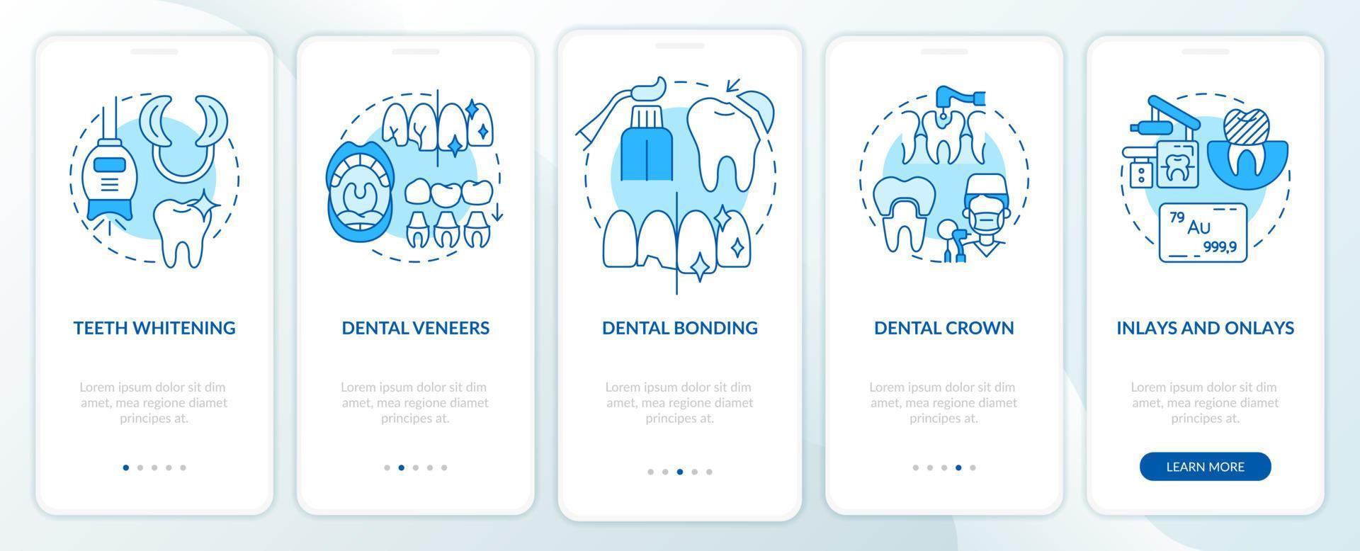 Aesthetic dentistry types blue onboarding mobile app screen. Veneers walkthrough 5 steps graphic instructions pages with linear concepts. UI, UX, GUI template. Myriad Pro-Bold, Regular fonts used vector