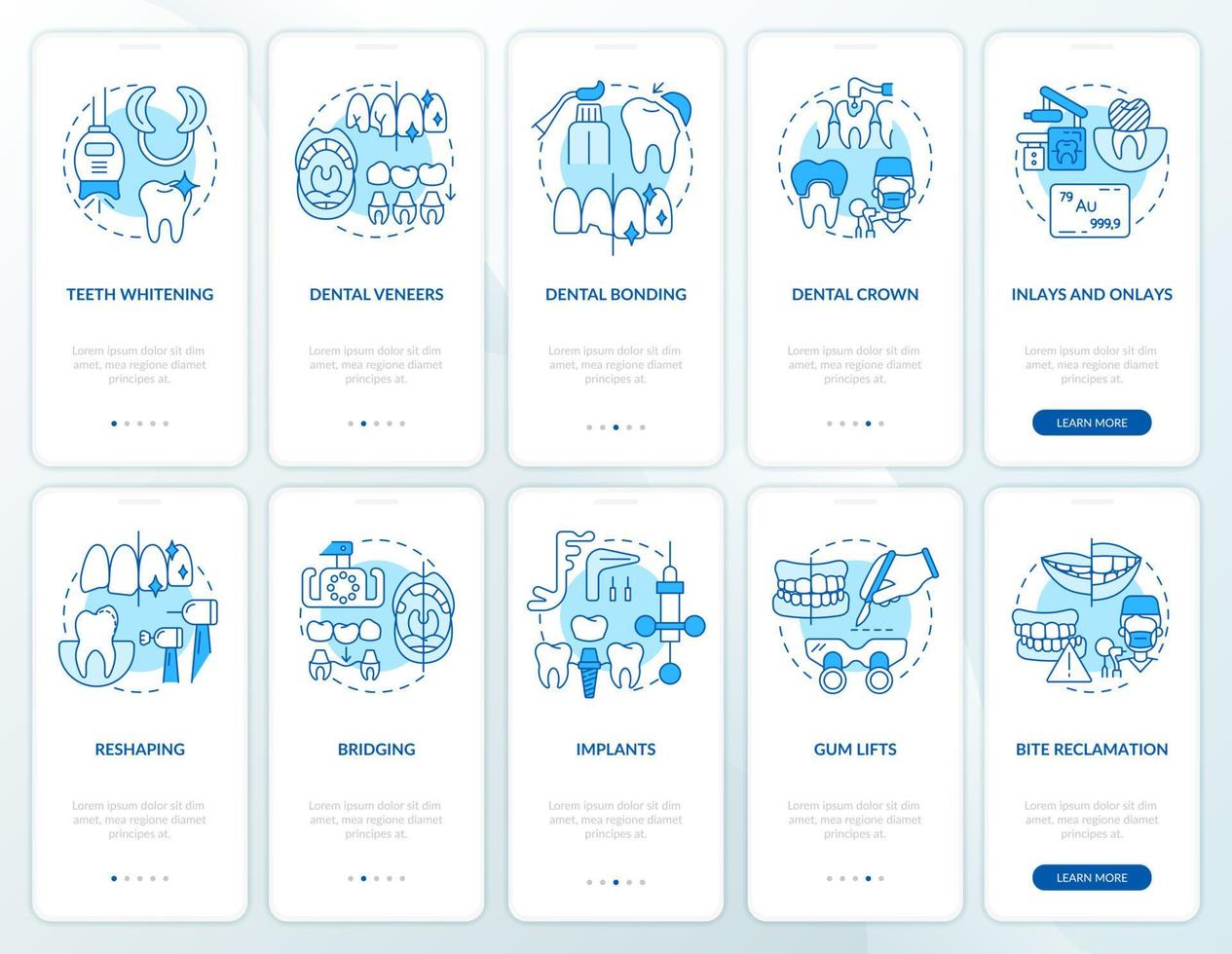 Oral medicine blue onboarding mobile app screen set. Dental restoration walkthrough 5 steps graphic instructions pages with linear concepts. UI, UX, GUI template. Myriad Pro-Bold, Regular fonts used vector