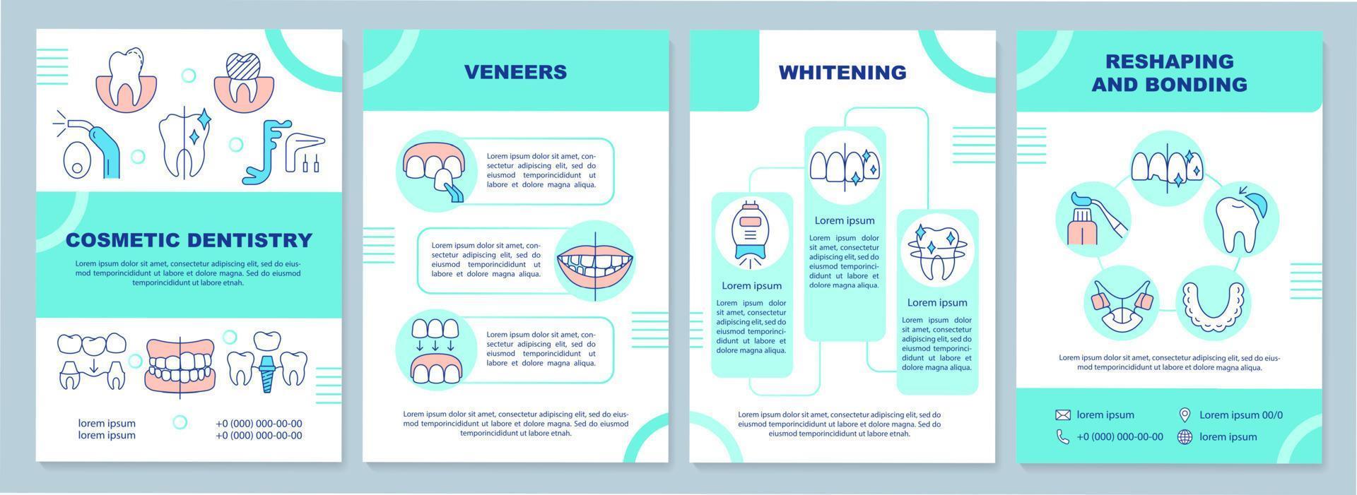 Cosmetic dental service mint brochure template. Whitening procedure. Leaflet design with linear icons. 4 vector layouts for presentation, annual reports. Arial-Black, Myriad Pro-Regular fonts used