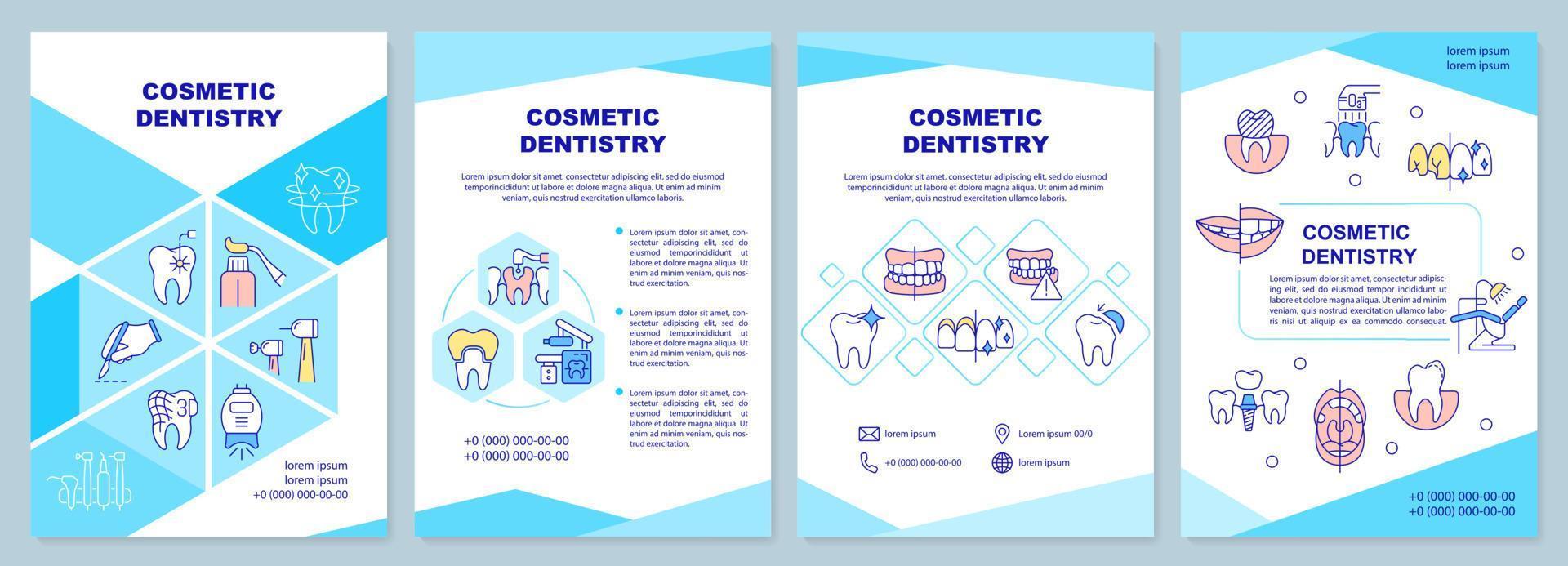 Cosmetic dentistry turquoise brochure template. Recovery process. Leaflet design with linear icons. 4 vector layouts for presentation, annual reports. Arial-Black, Myriad Pro-Regular fonts used