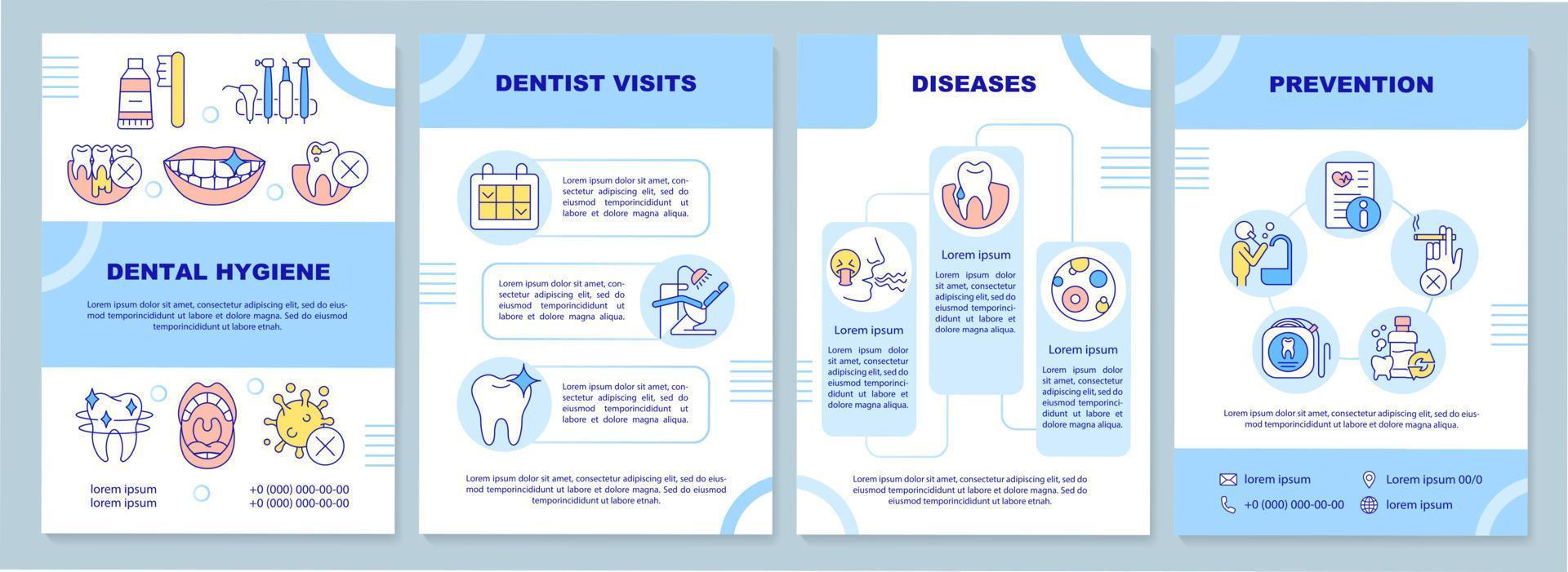 plantilla de folleto azul de higiene dental. tratamiento de enfermedades. diseño de folletos con iconos lineales. 4 diseños vectoriales para presentación, informes anuales. arial-black, innumerables fuentes pro-regulares utilizadas vector