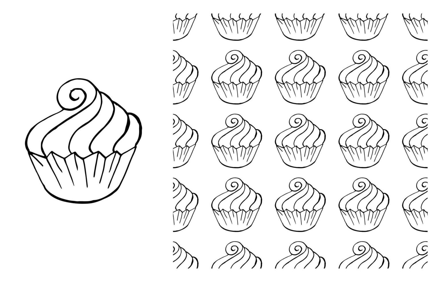 Coloring Cupcake. Set of element and seamless pattern vector