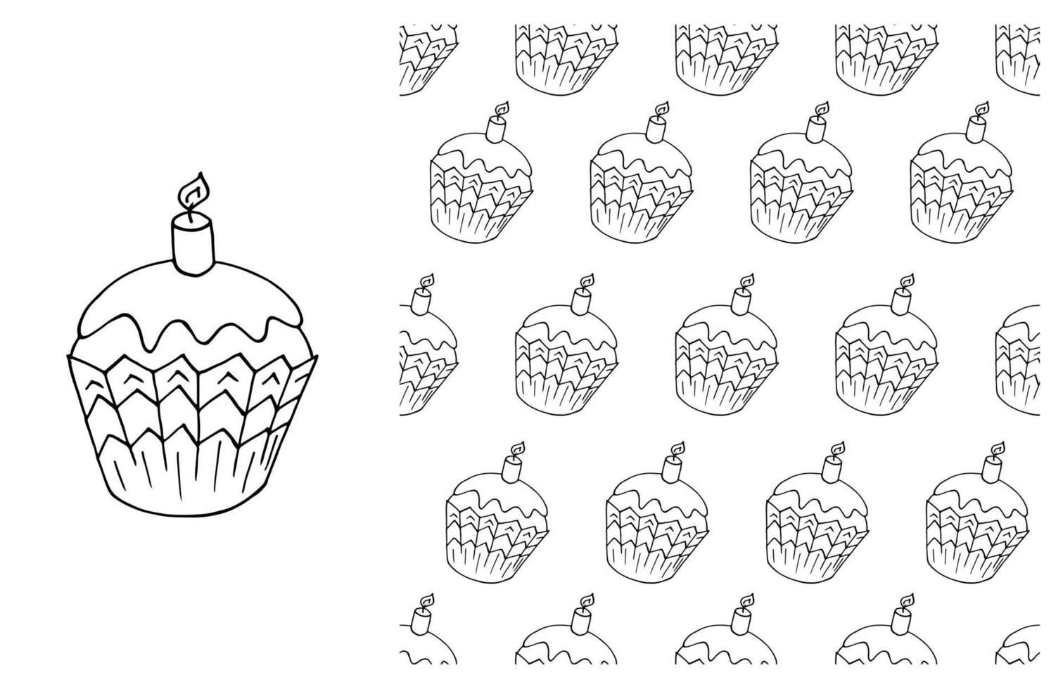 Coloring Cupcake. Set of element and seamless pattern vector