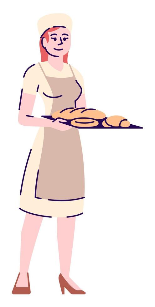 Ilustración de vector de color rgb semi plano de puesto de trabajo de panadería. chef de pastelería femenina con personaje de dibujos animados aislado de bandeja sobre fondo blanco