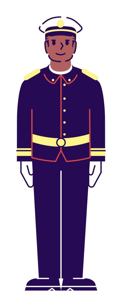 Service member semi flat RGB color vector illustration. Job position. Male marine officer wearing uniform isolated cartoon character on white background