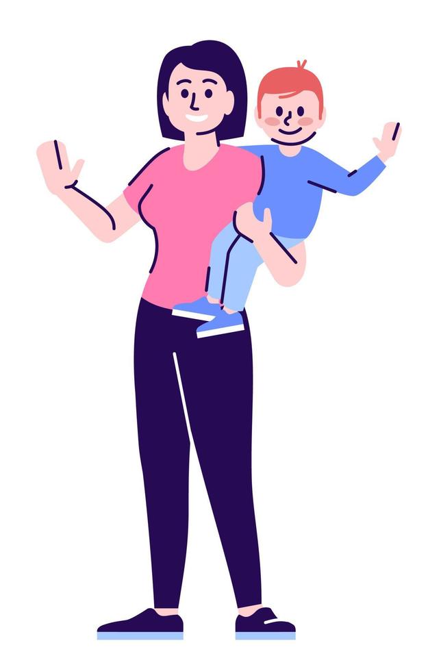 Nanny career semi flat RGB color vector illustration. Happy mother holding toddler in arms isolated cartoon character on white background