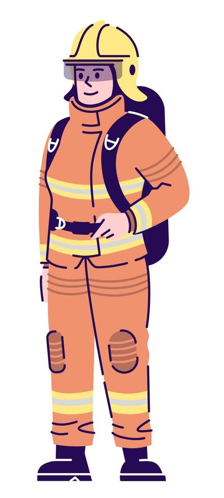 Emergency service semi flat RGB color vector illustration. Female firefighter wearing uniform isolated cartoon character on white background