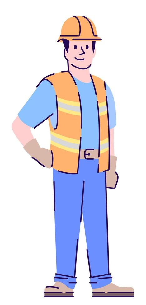 Proving cleanliness and maintenance semi flat RGB color vector illustration. Male utility worker wearing reflective vest isolated cartoon character on white background