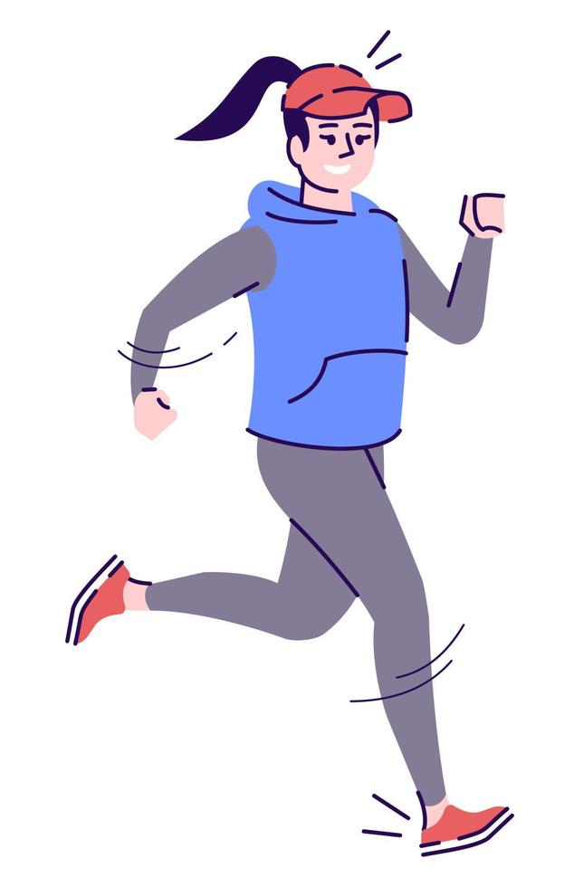 Sporting event semi flat RGB color vector illustration. Running athletic woman in sportswear isolated cartoon character on white background